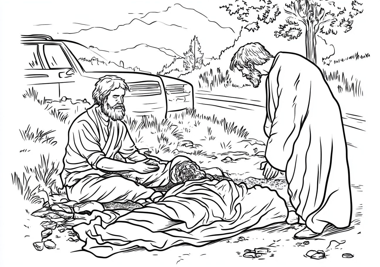 The Good Samaritan Coloring Pages, The injured man on the roadside before the Samaritan arrives