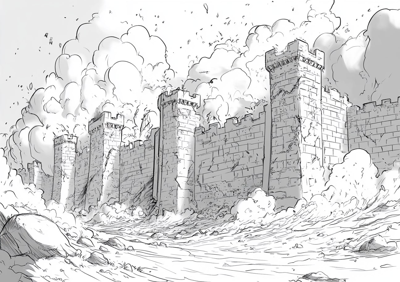 Walls Of Jericho Coloring Pages, The destruction of Jerichos walls in a dramatic view