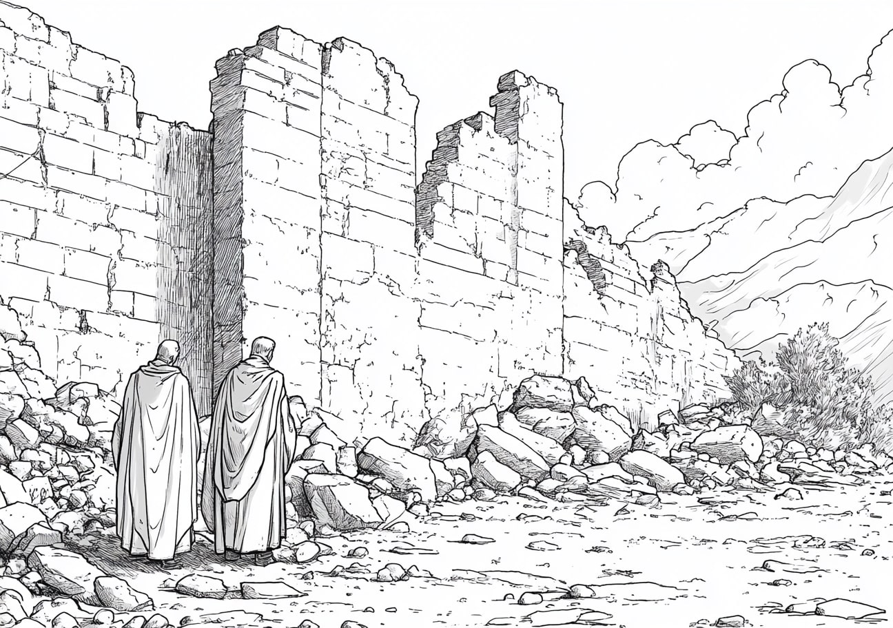 Walls Of Jericho Coloring Pages, The priests standing by the ollapsed walls