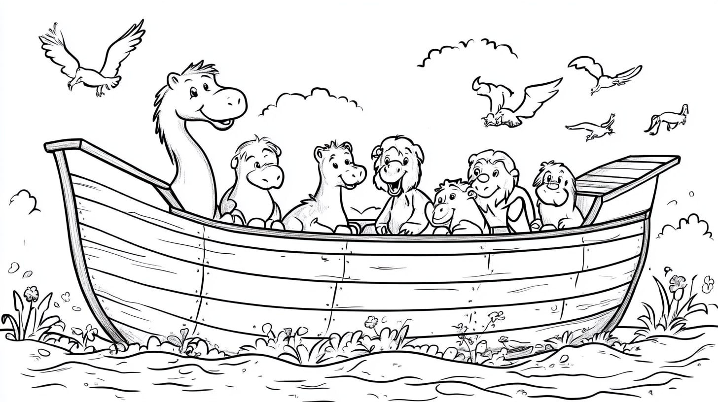 Noah's Ark Coloring Pages, Noahs Ark with animals boarding in pairs