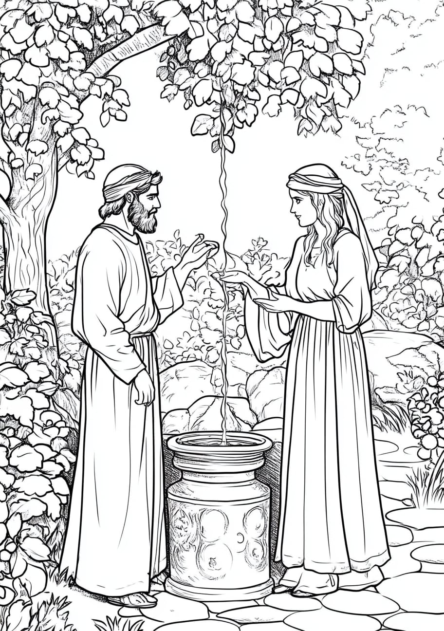 Isaac and Rebekah Coloring Pages, Isaac meeting Rebekah at the well