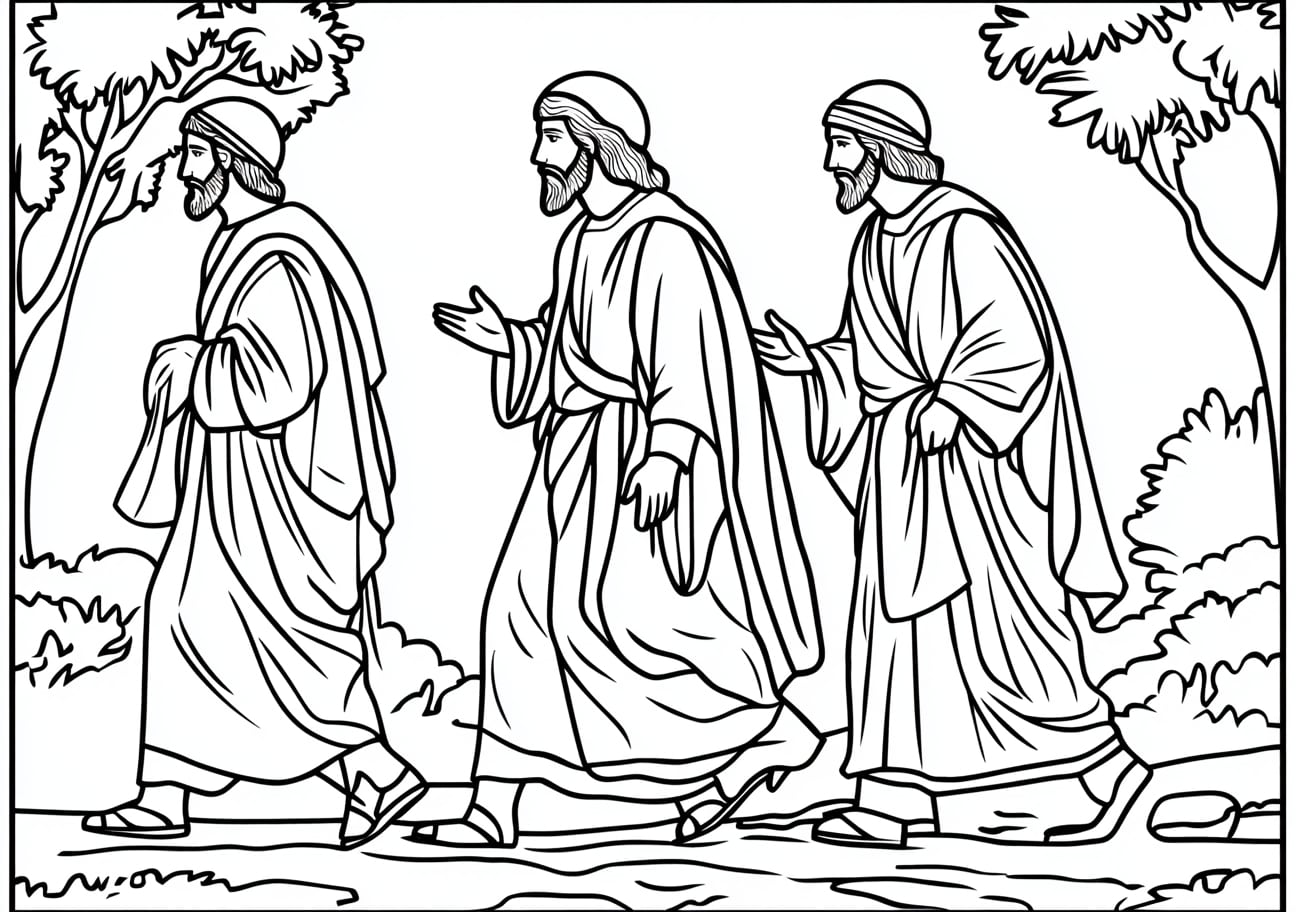 Jesus Resurrection Coloring Pages, Jesus walking with two disciples on the road to Emmaus