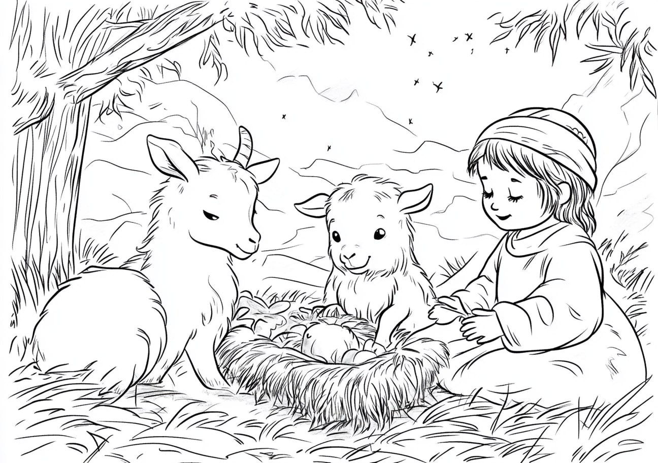 Jesus Is Born Coloring Pages, Jesus is born with the animals gathered around