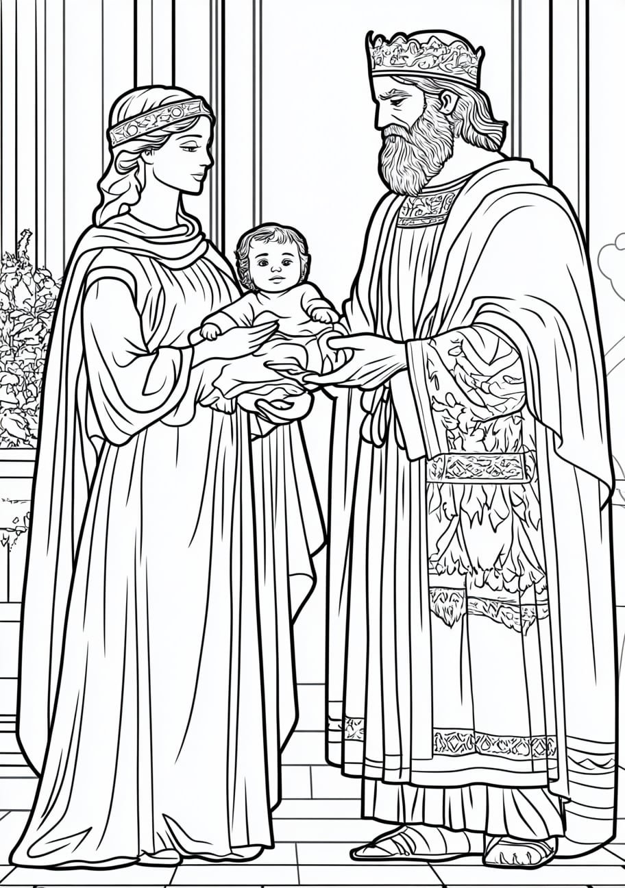 King Solomon Coloring Pages, King Solomon judging the two women with the baby