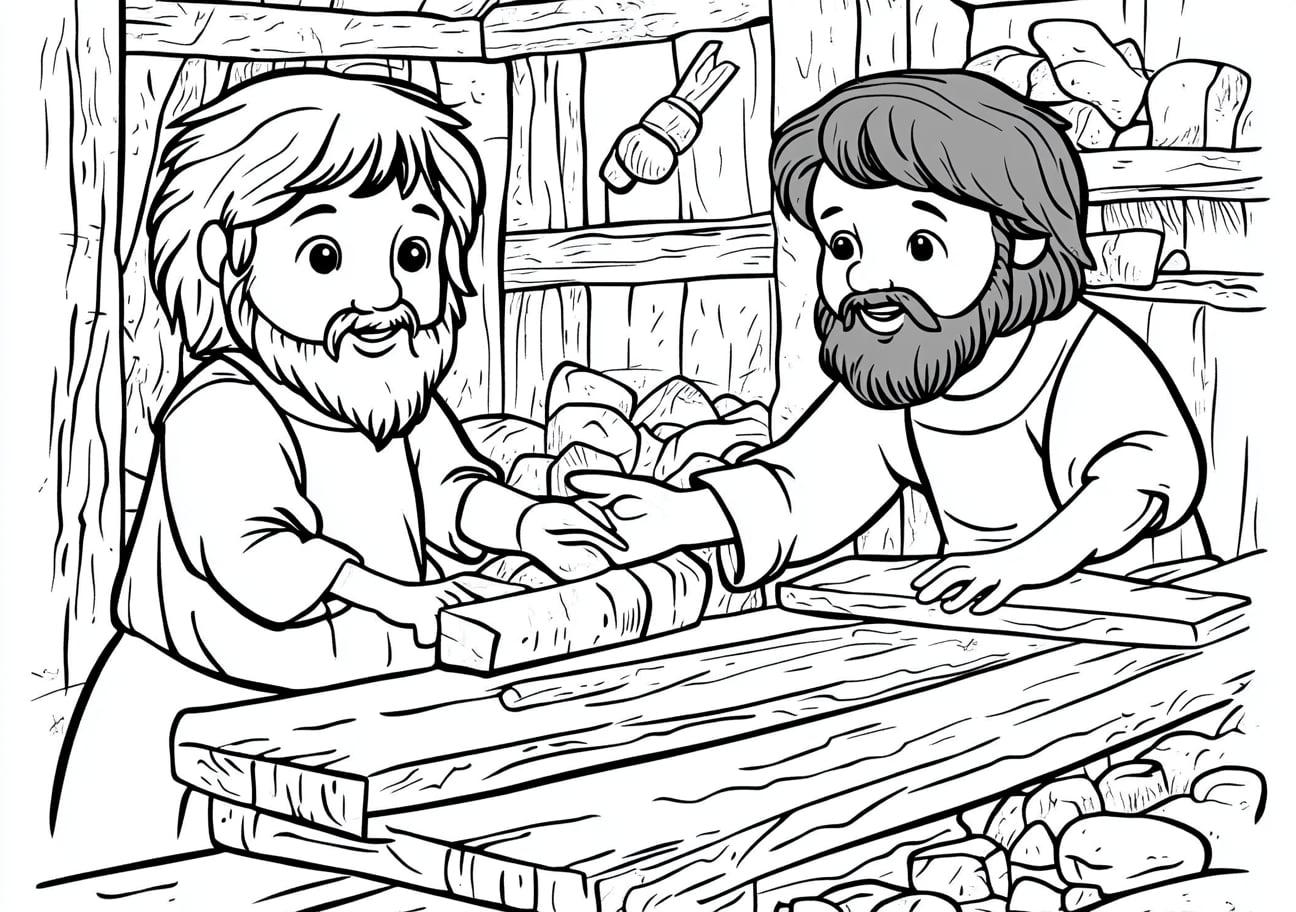 Childhood Jesus Coloring Pages, Childhood Jesus helping Joseph with carpentry