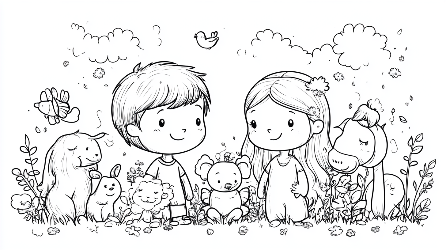 Adam and Eve Coloring Pages, Adam and Eve surrounded by animals