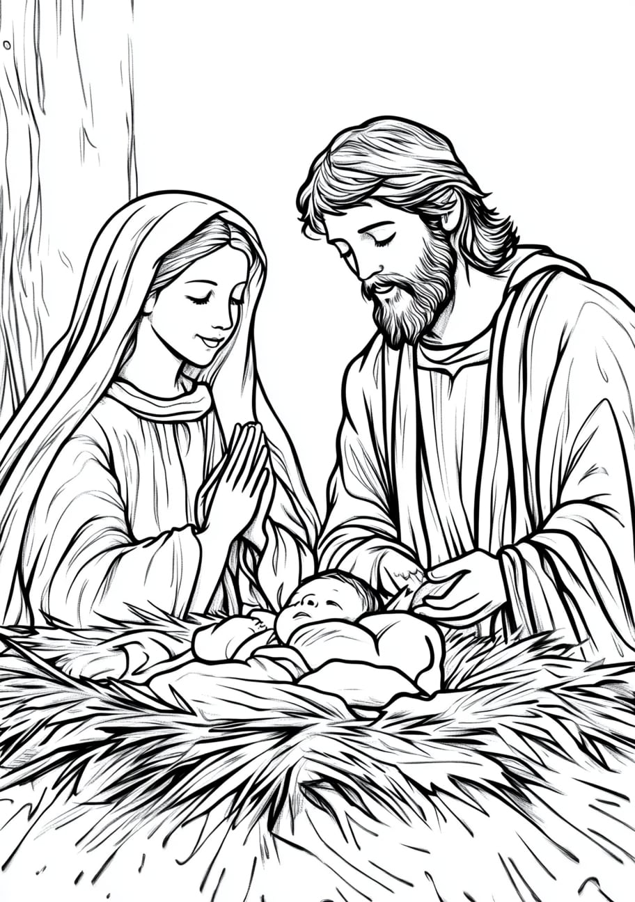 Jesus Is Born Coloring Pages, Jesus is born in the manger with Mary and Joseph