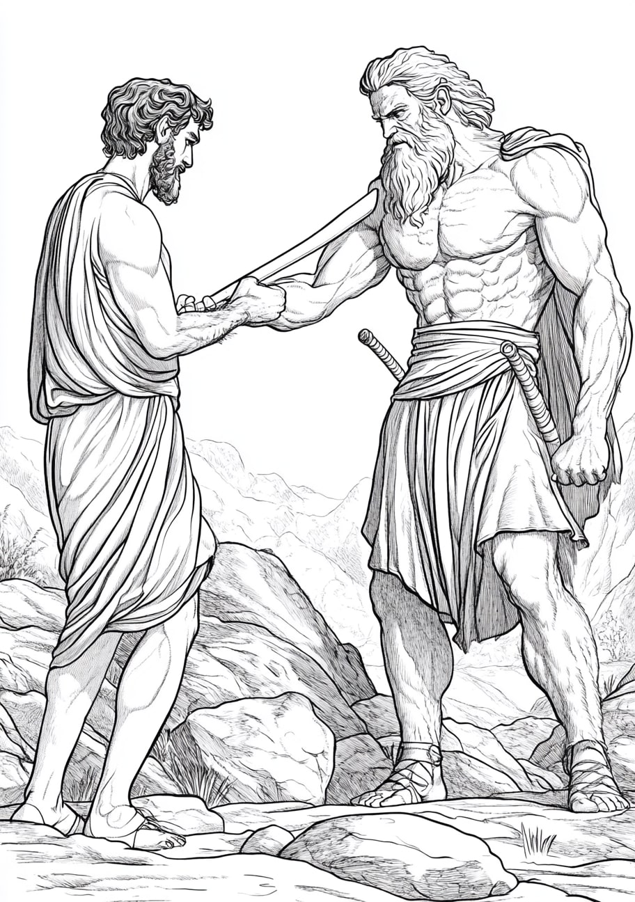 David and Goliath Coloring Pages, David striking Goliath with the stone