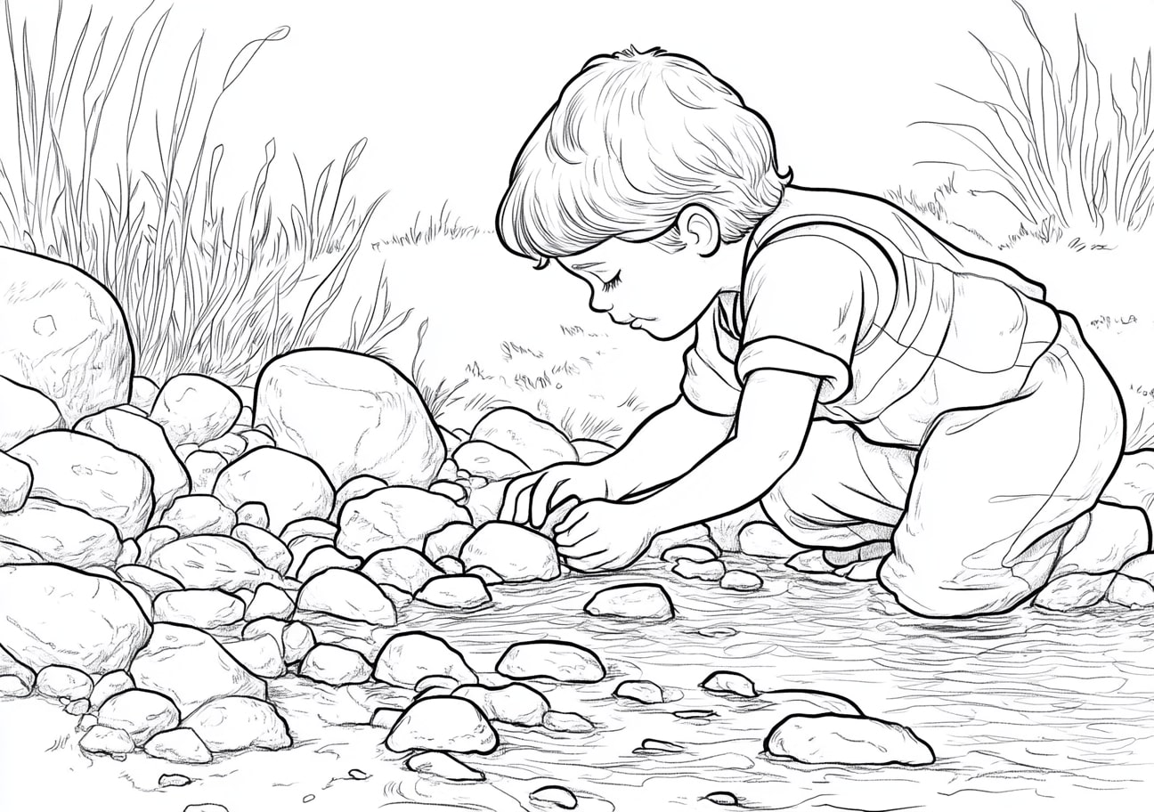 David and Goliath Coloring Pages, David selecting stones from the brook