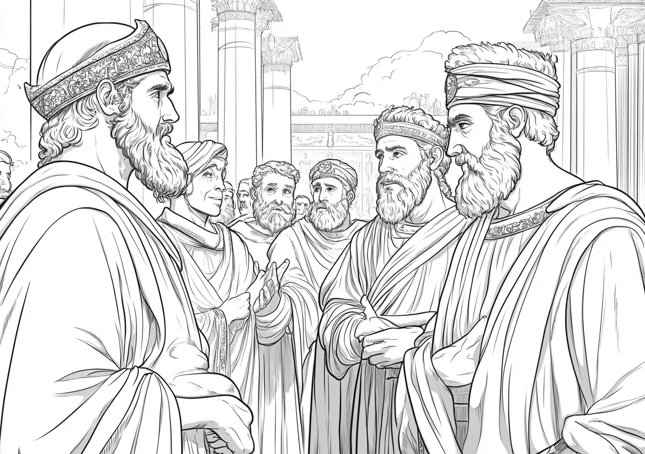 Daniel and his friends Coloring Pages, Daniel and his friends in the court of Babylon