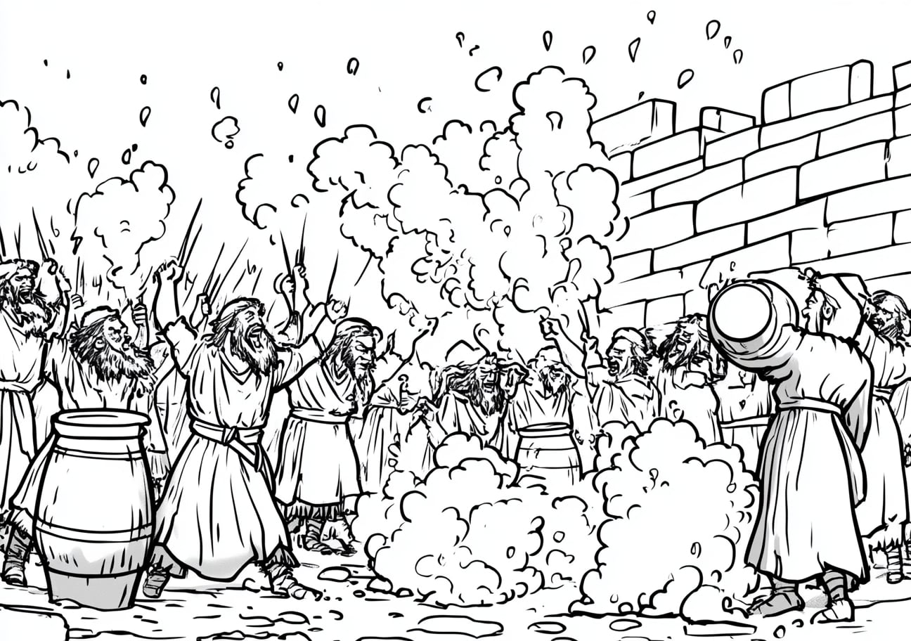 Judge Gideon Coloring Pages, Gideons army breaking the jars and blowing trumpets