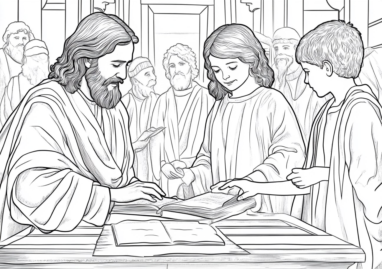 Childhood Jesus Coloring Pages, Childhood Jesus learning in the synagogue