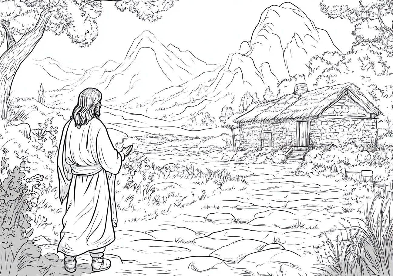 Childhood Jesus Coloring Pages, Childhood Jesus in a peaceful village setting