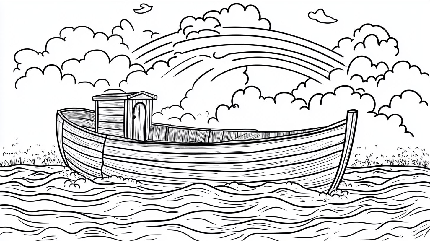 Noah's Ark Coloring Pages, Noahs Ark with a rainbow appearing