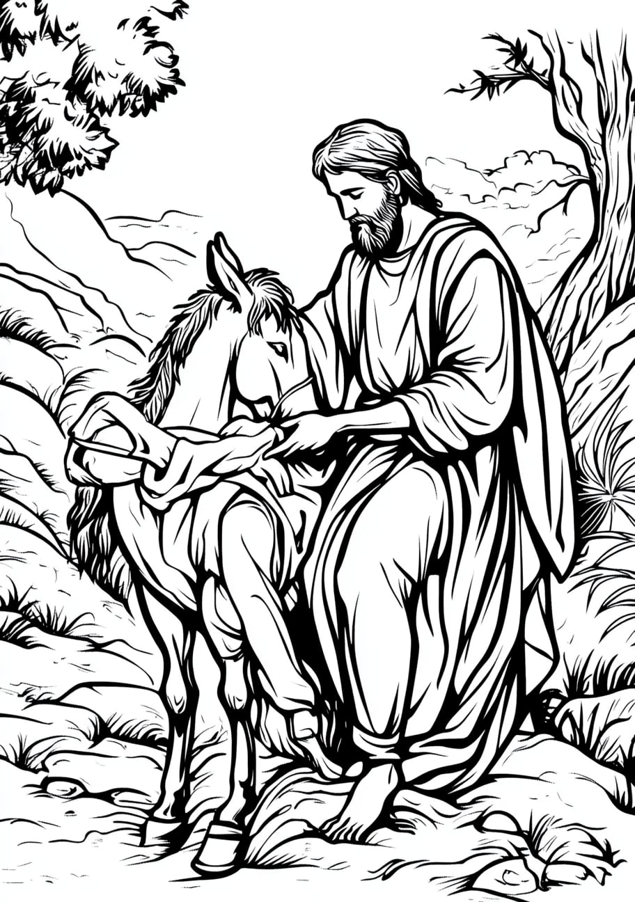 The Good Samaritan Coloring Pages, The Good Samaritan placing the injured man on his donke