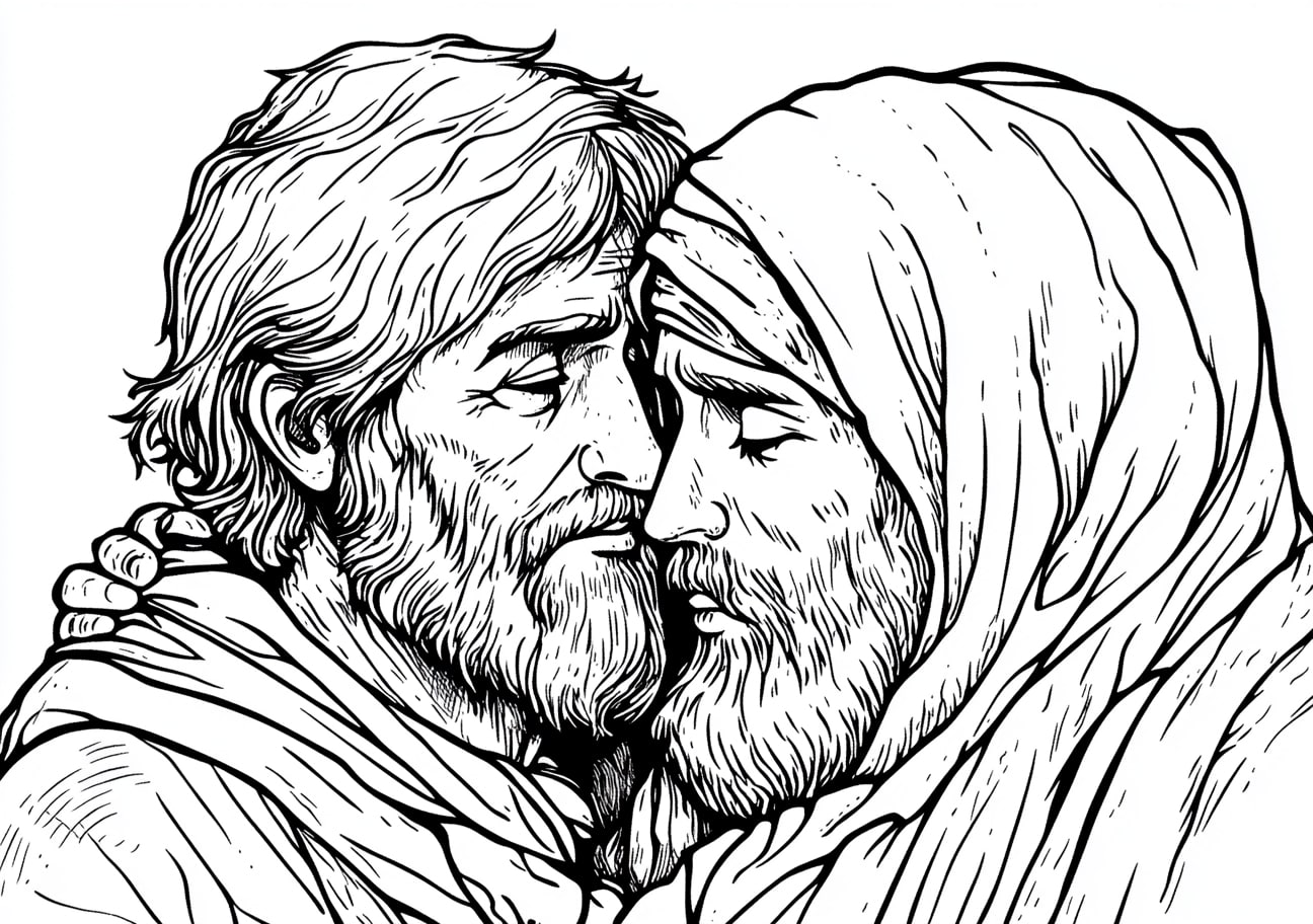 Prodigal Son Coloring Pages, Father and Prodigal Son in a joyful reunion