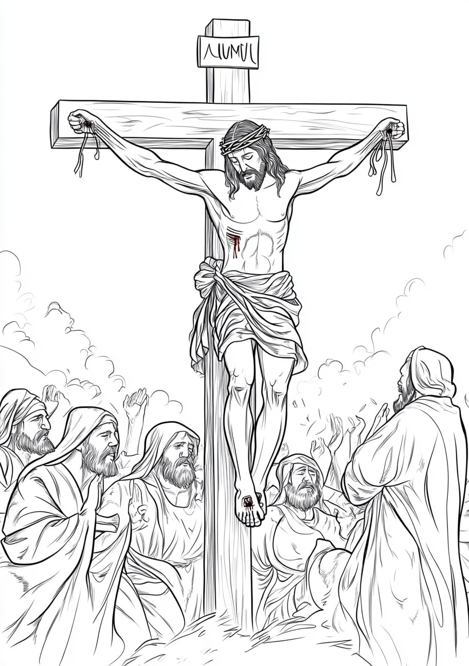 Jesus On Cross Coloring Pages, Jesus on the cross with the crow mourning