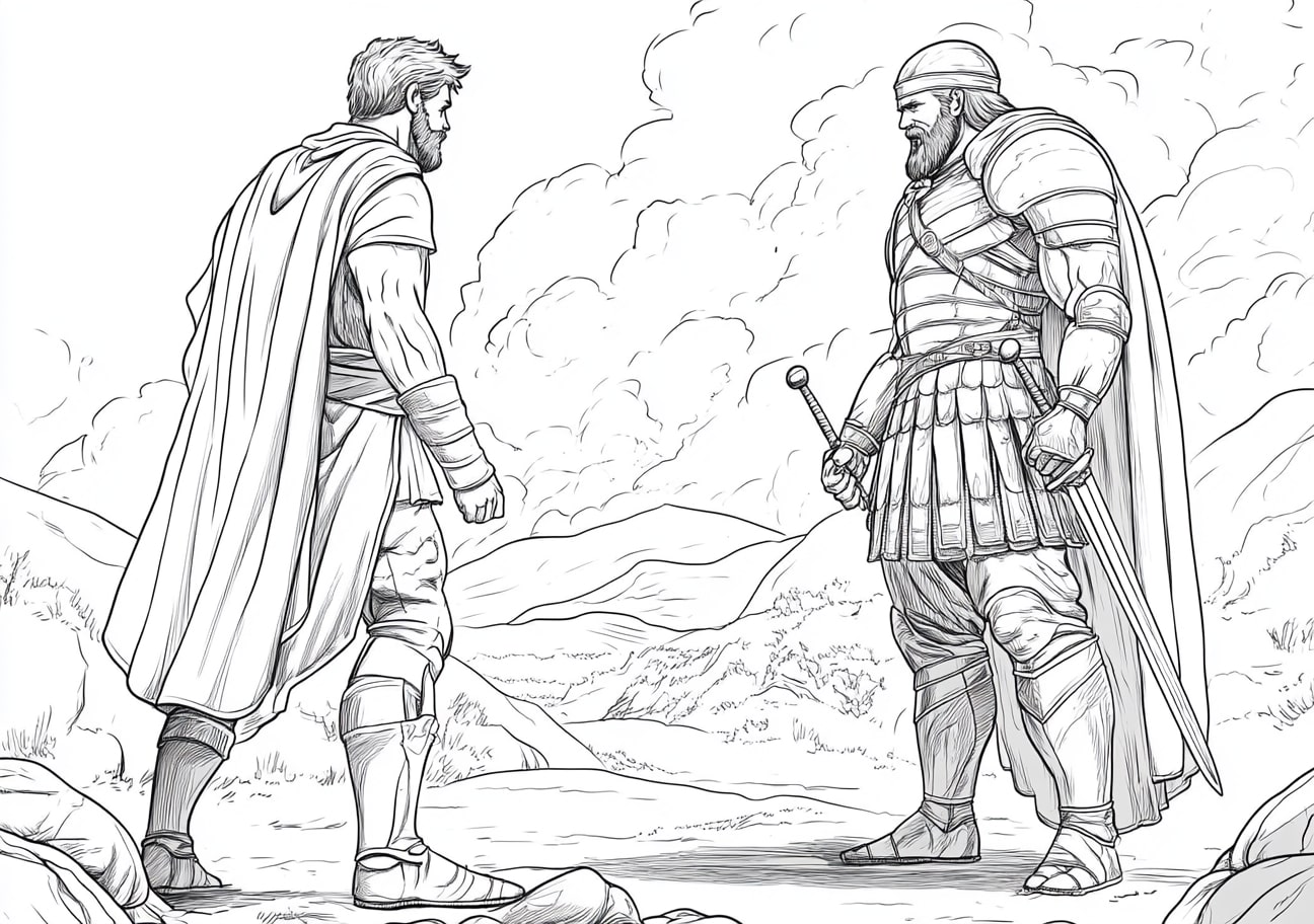 David and Goliath Coloring Pages, David facing Goliath on the battlefield