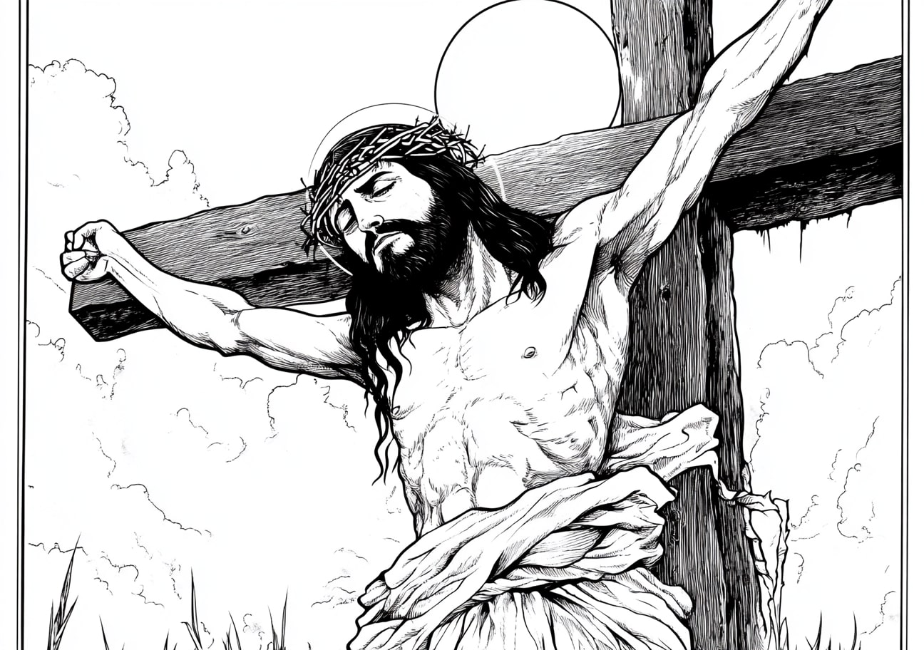 Jesus On Cross Coloring Pages, Jesus on the cross with the sun hidden