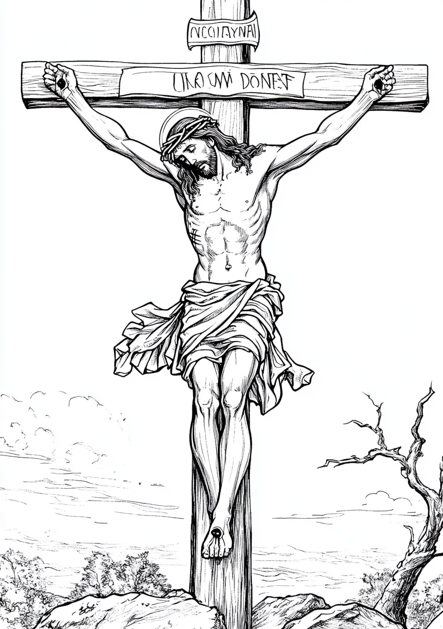 Jesus On Cross Coloring Pages, Jesus on the cross with the inscription above