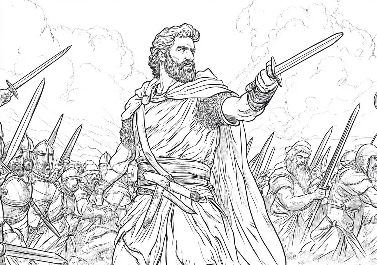 King David Coloring Pages, King David in battle with the Philistines