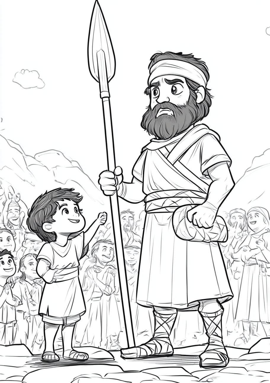 David and Goliath Coloring Pages, David and Goliath with the Israelites cheering