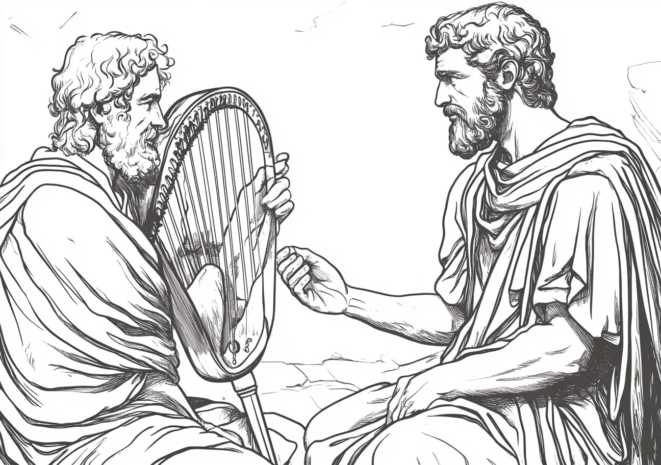 King David Coloring Pages, King David playing the harp for Saul