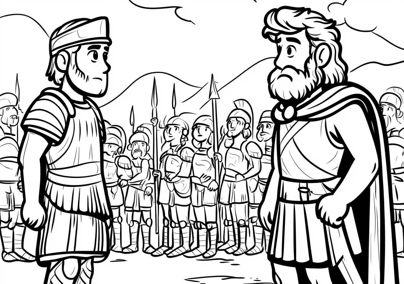 David and Goliath Coloring Pages, David and Goliath with the army watching