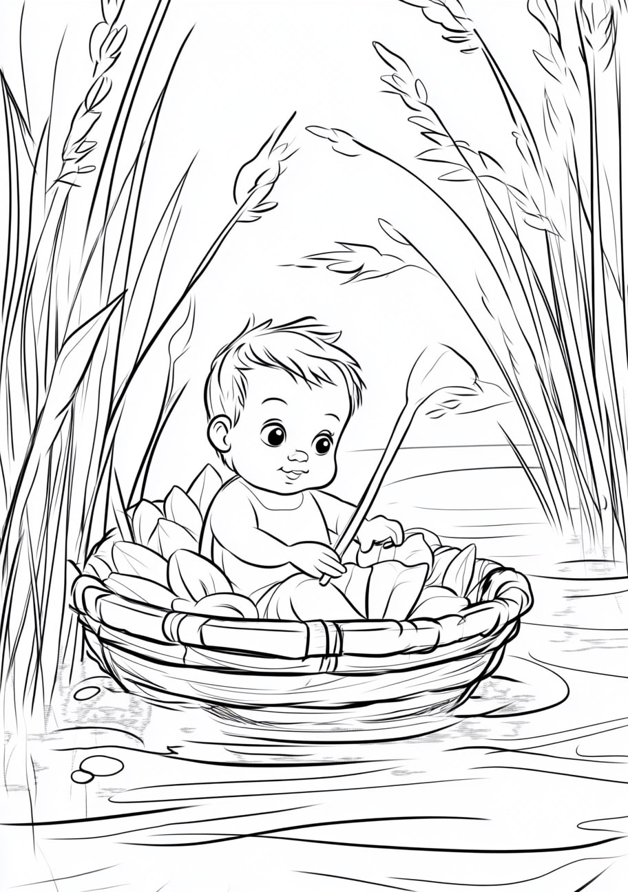 Baby Moses Coloring Pages, Baby Moses in the basket on the Nile River