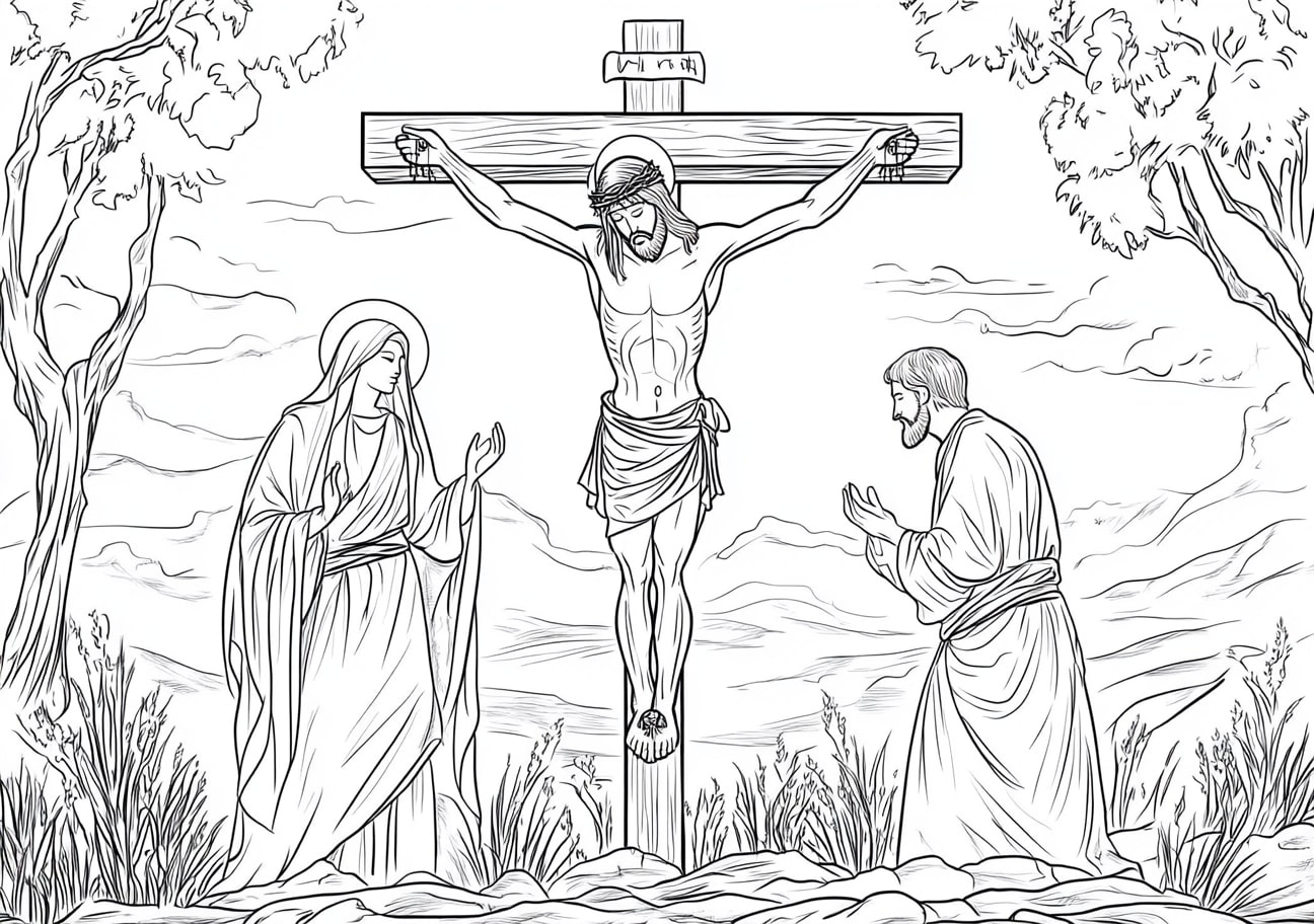 Jesus On Cross Coloring Pages, Jesus on the cross with Mary and John beneath