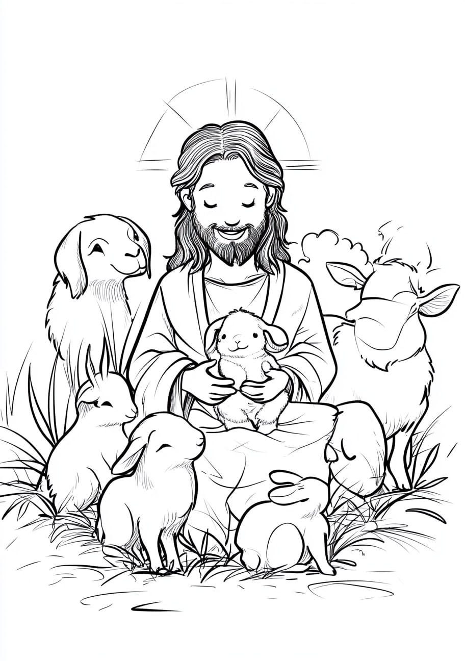 Childhood Jesus Coloring Pages, Childhood Jesus surrounded by animals