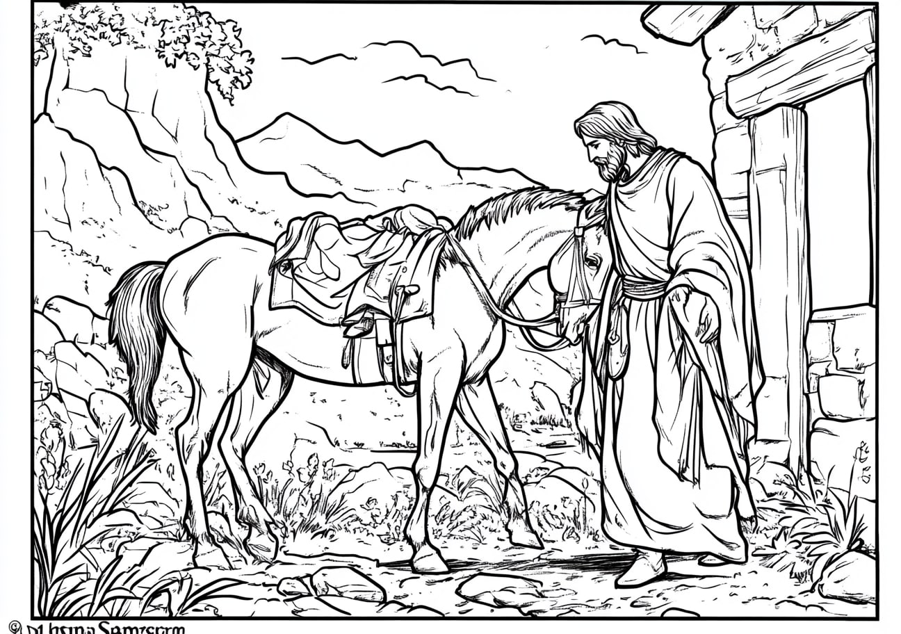 The Good Samaritan Coloring Pages, The Good Samaritan arriving at the inn with the injured