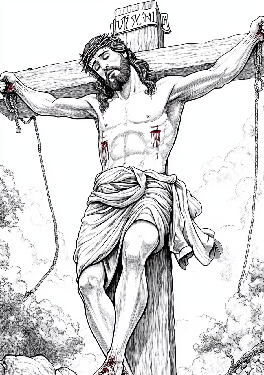 Jesus On Cross Coloring Pages, Jesus on the cross in a dramatic scene with the earthqu