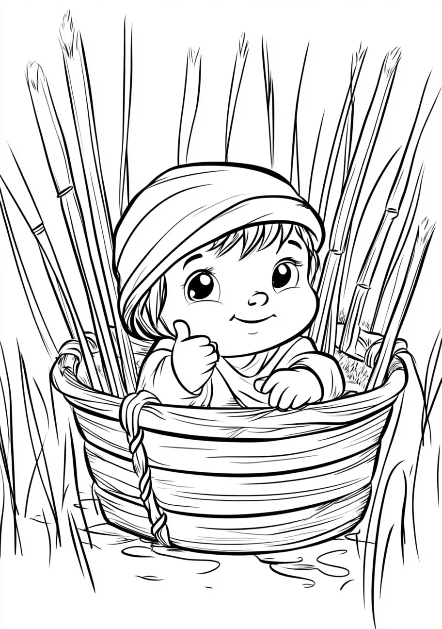 Baby Moses Coloring Pages, Baby Moses in his basket with a protective reed cover