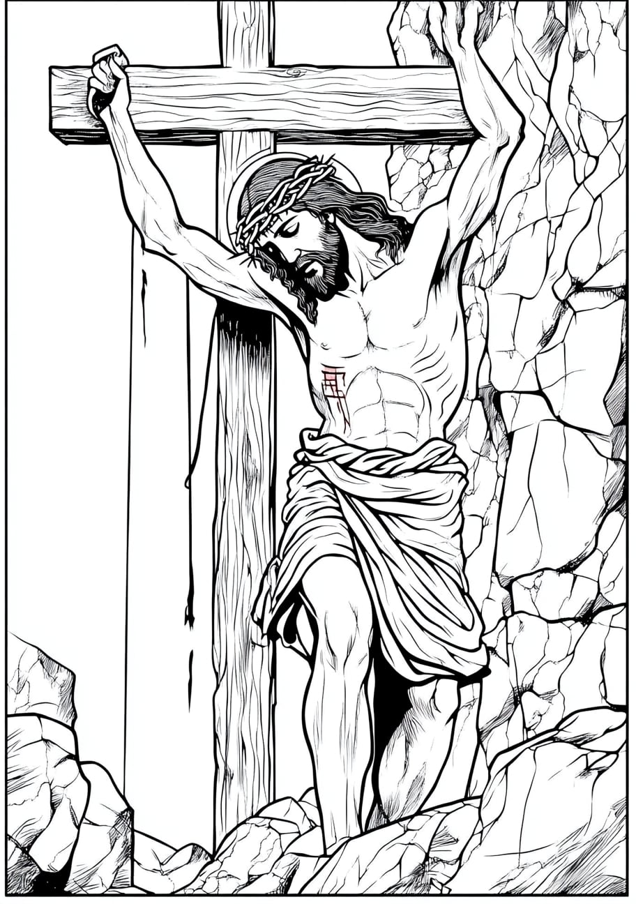 Jesus On Cross Coloring Pages, Jesus on the cross with a veil tearing in the temple