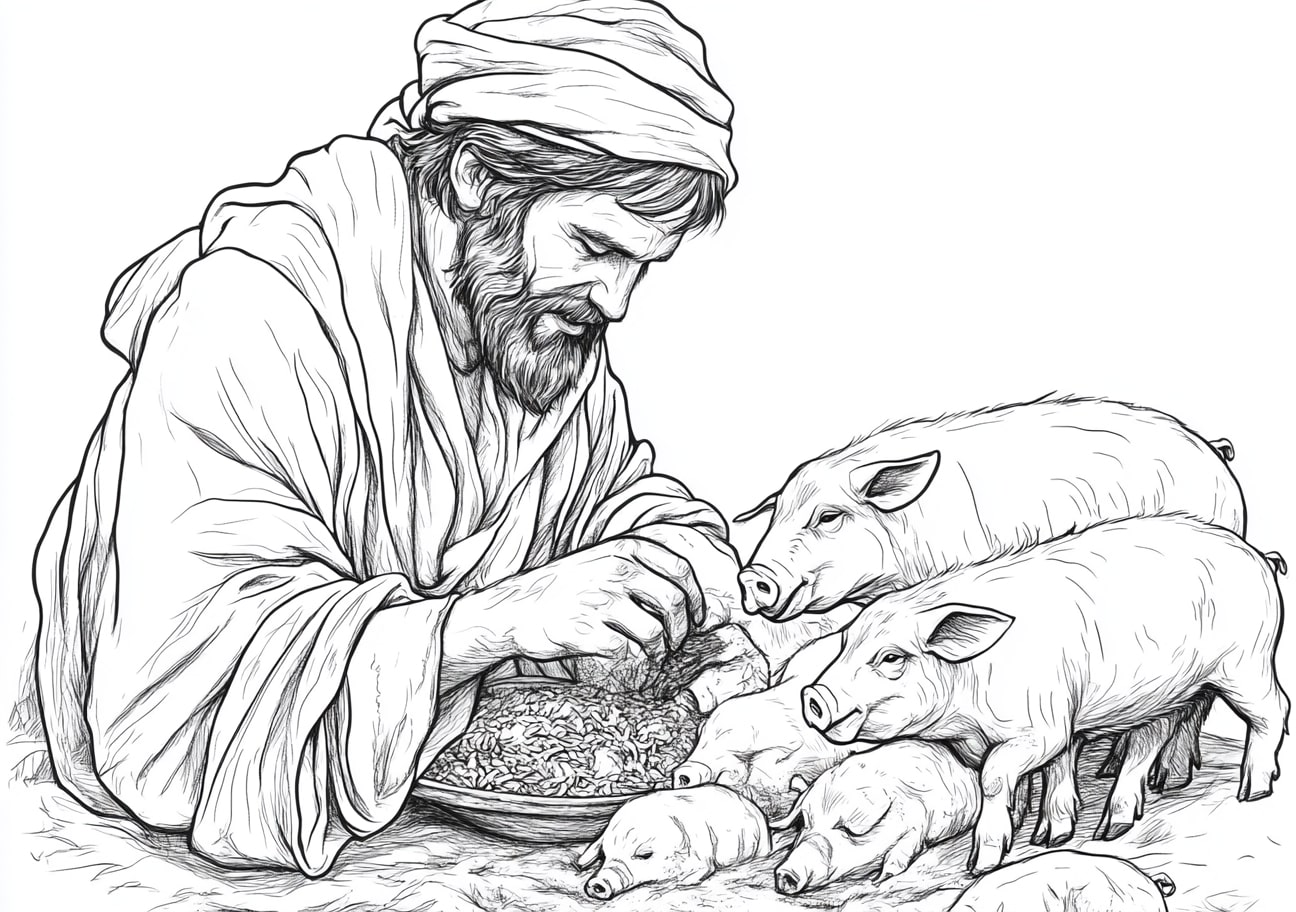 Prodigal Son Coloring Pages, Prodigal Son feeding pigs and longing for food