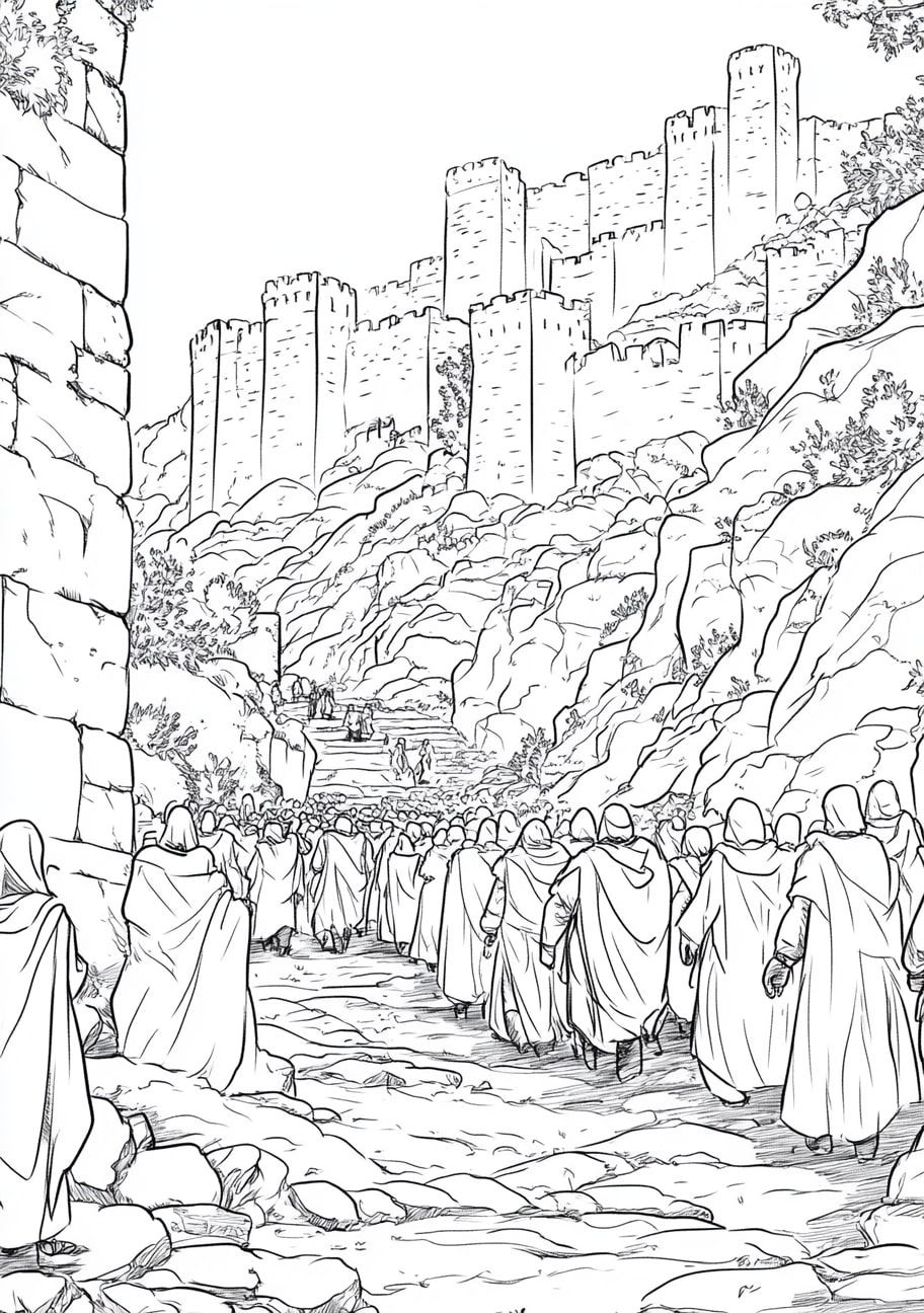 Walls Of Jericho Coloring Pages, The scene of the first days march around Jericho