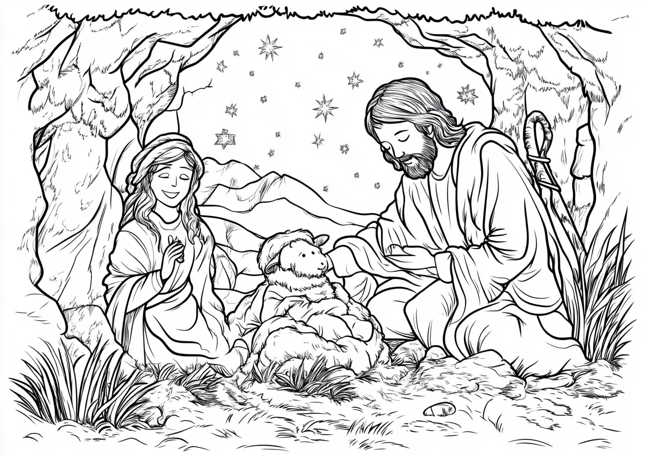 Jesus Is Born Coloring Pages, Jesus is born with the shepherd visiting