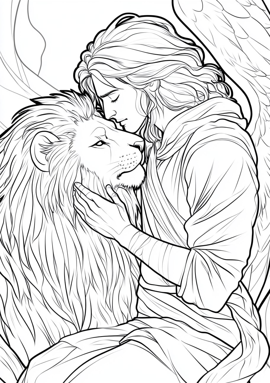 Daniel and his friends Coloring Pages, The angel protecting Daniel from the lions