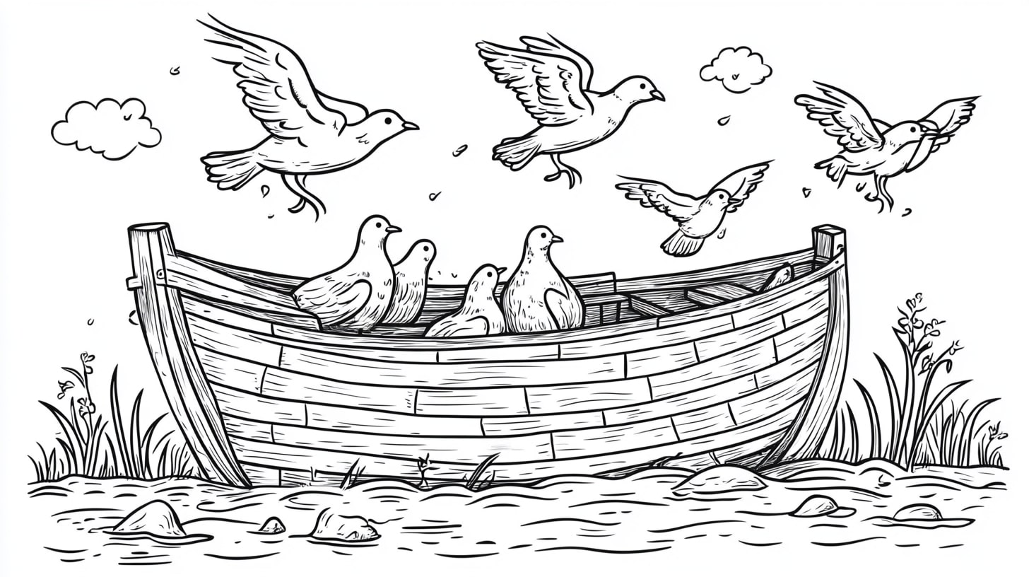 Noah's Ark Coloring Pages, Noahs Ark with doves flying overhead