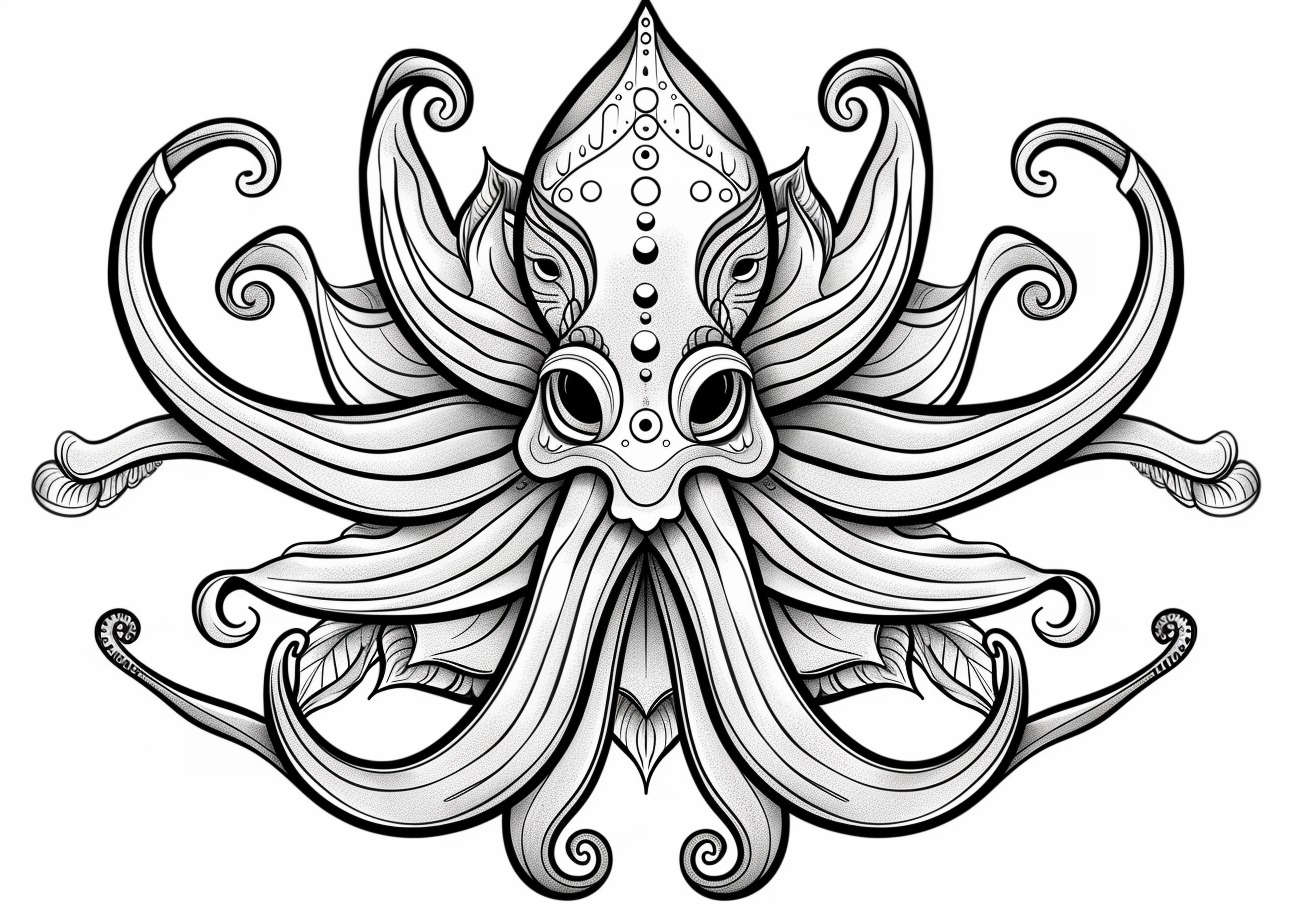 Squid Coloring Pages, Mandala Squid