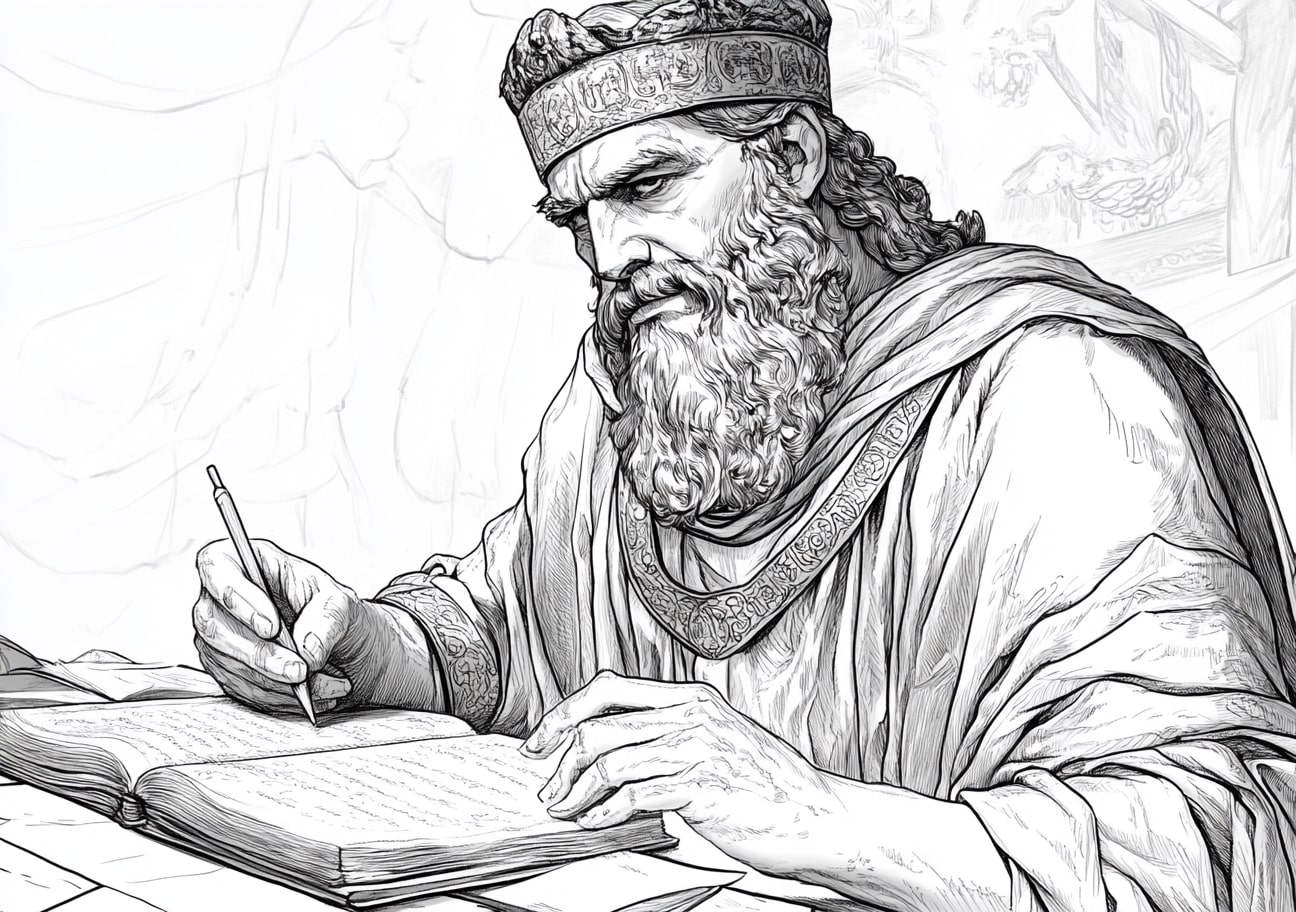 King Solomon Coloring Pages, King Solomon writing Proverbs