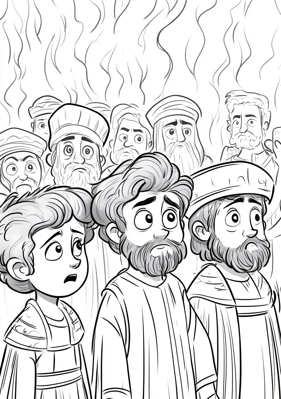 Daniel and his friends Coloring Pages, Daniels friends being saved from the fiery furnace