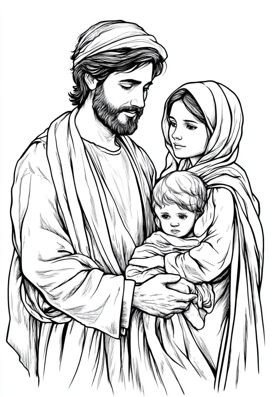 Childhood Jesus Coloring Pages, Childhood Jesus with Mary and Joseph