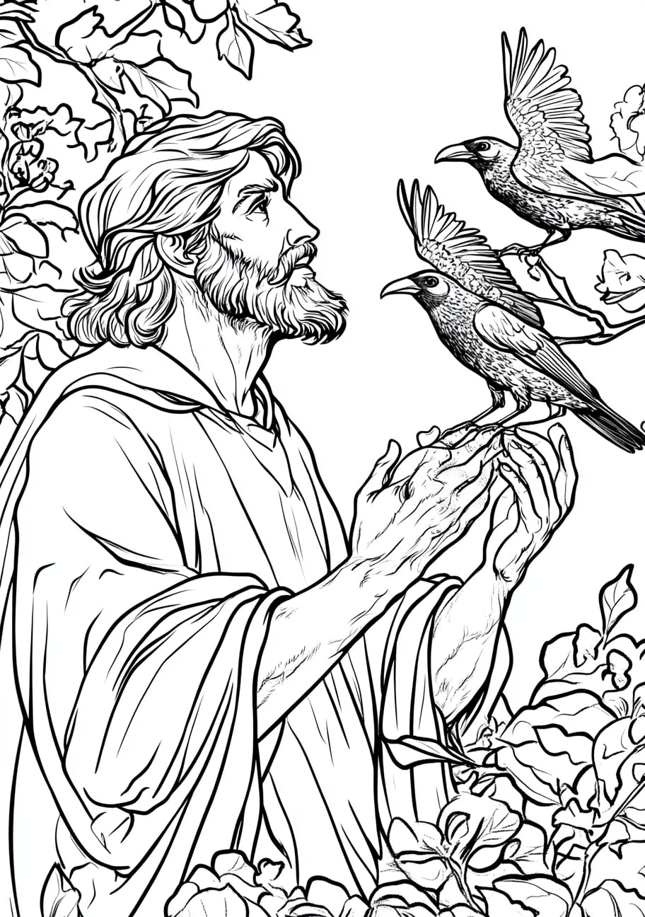 Prophet Elijah Coloring Pages, Elijah being fed by the ravens