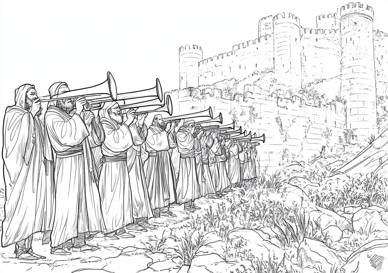 Walls Of Jericho Coloring Pages, The priests blowing the trumpets before the walls of Jericho