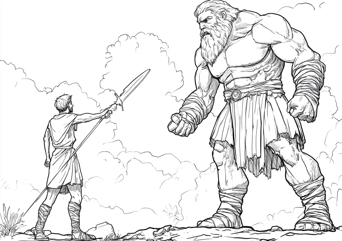 David and Goliath Coloring Pages, David and Goliath in a victorious pose