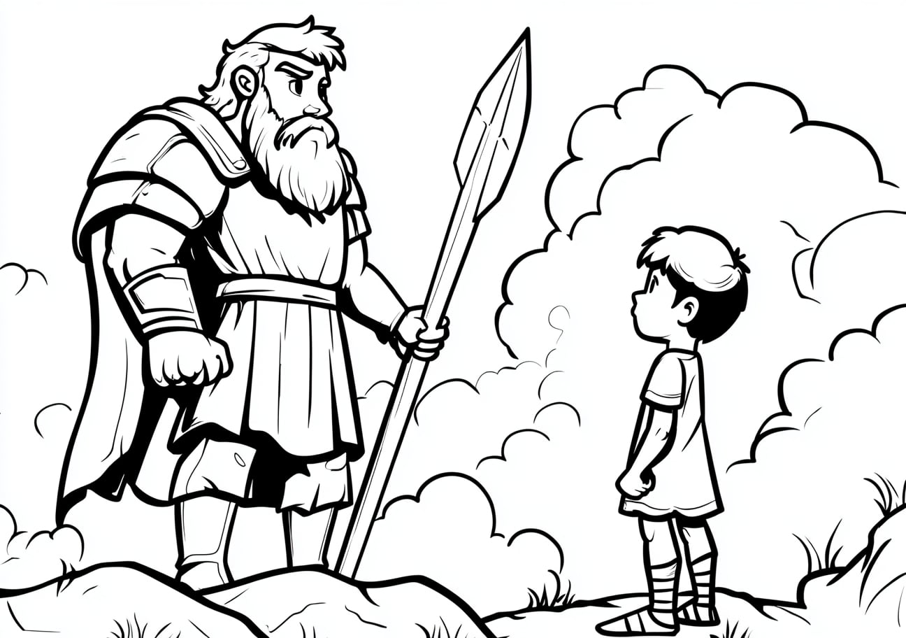 David and Goliath Coloring Pages, David and Goliath with a dramatic sky