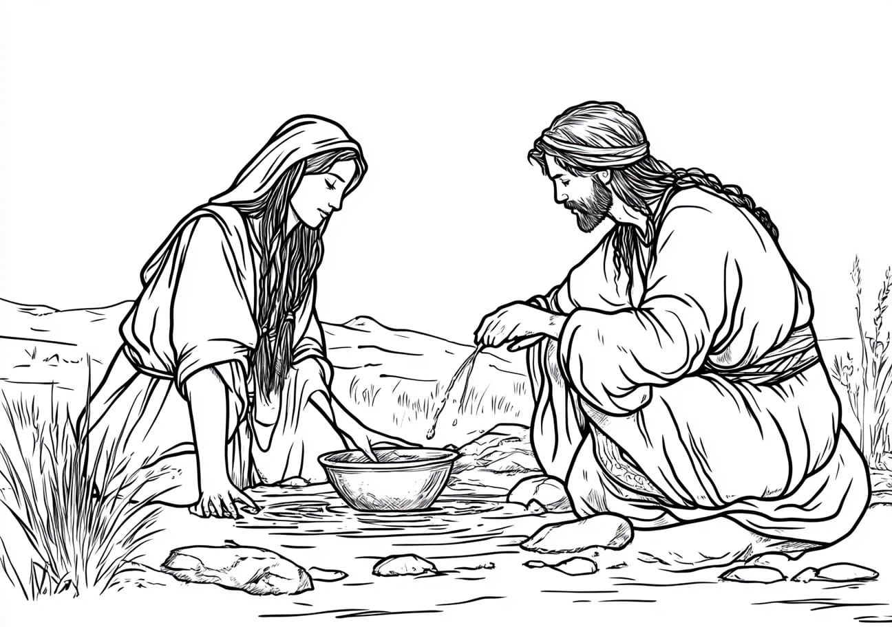 Isaac and Rebekah Coloring Pages, Rebekah drawing water for Isaacs servants