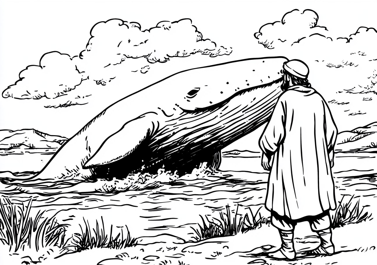 Jonah and the Whale Coloring Pages, Jonah being spit out by the whale on the shore